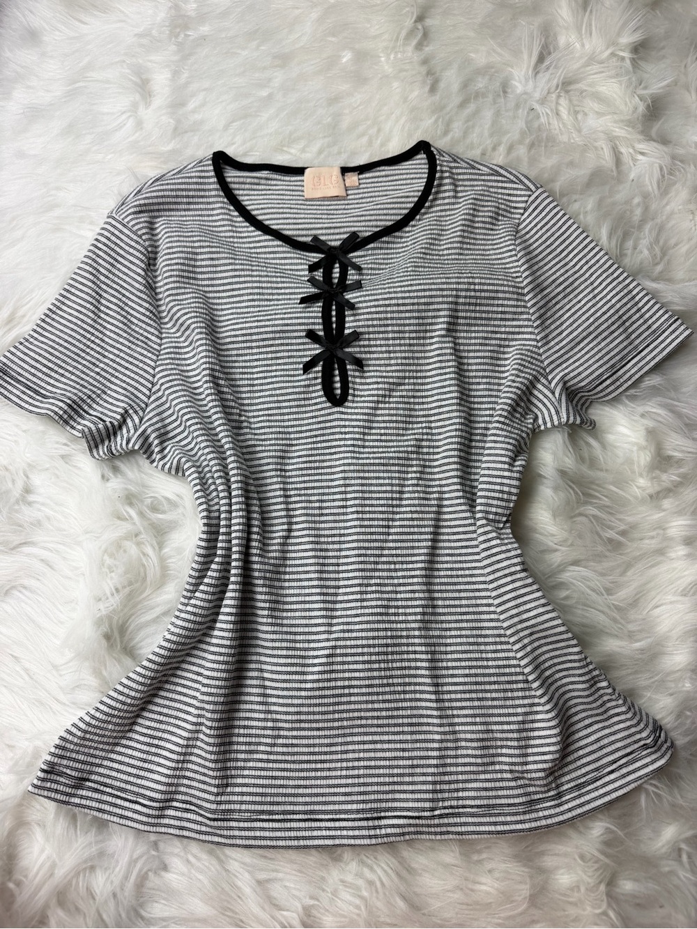 Striped Lace-Up Short Sleeve Top - Black & White